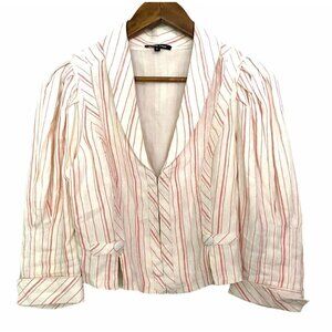 Love Sam Women's 100% Linen Cream Pink Striped Cropped 3/4 Sleeve Blazer Small
